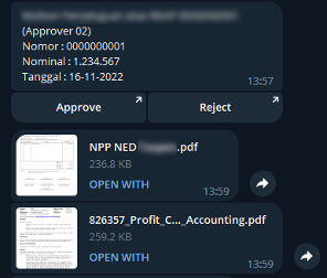 Telegram approval bot showing an approve/reject prompt with attached documents