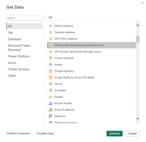 Selecting SAP Business Warehouse Application Server as the data source