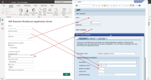 Logon screen prompting for the SAP BW server, system number, client ID, and language, then user ID and password